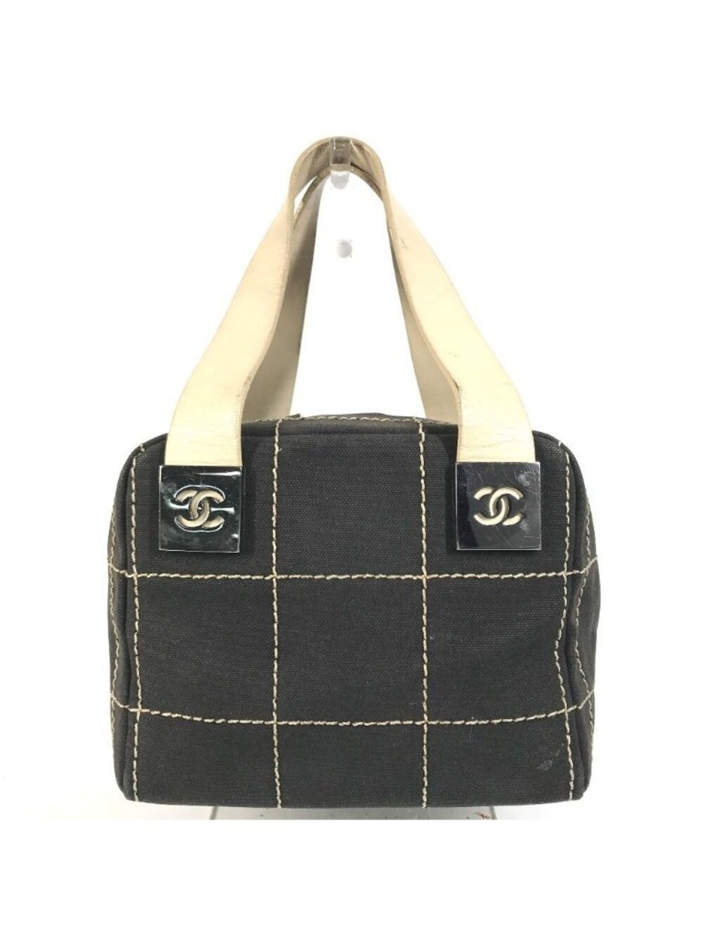 Chanel Handbag CC Logo Choco Bar Leather Canvas Black